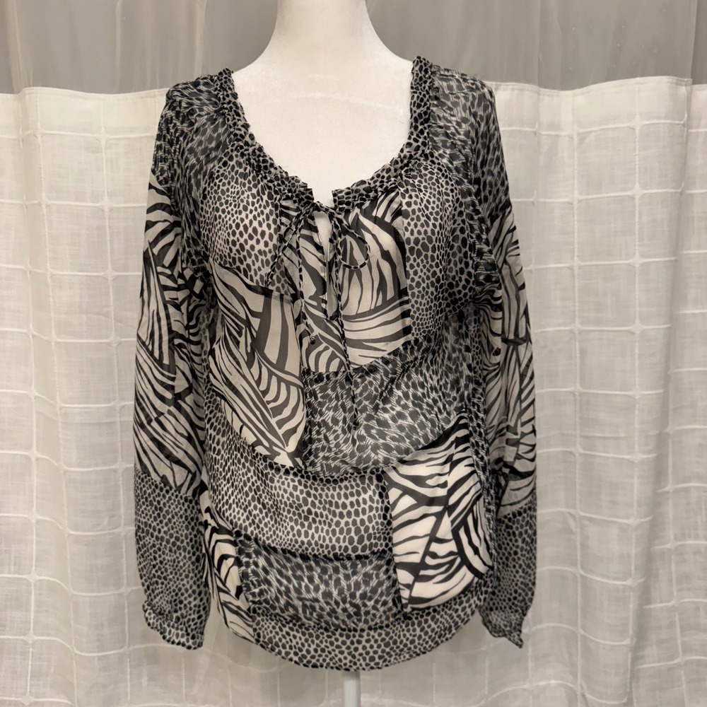 ICE Silk Sheer Animal Print Blouse Small Zebra Snakeskin Mixed Media Boho Top